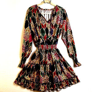 Prairie Tiered Dress Women's Small Gold Green Orange Animal Print Retro Fashion